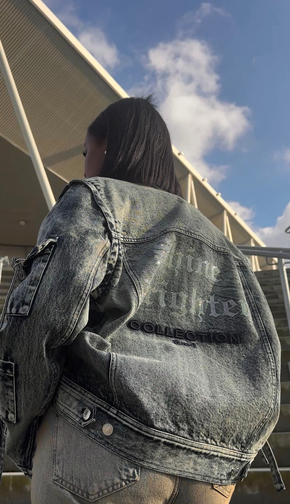 Oversized denim jacket with detachable sleeves